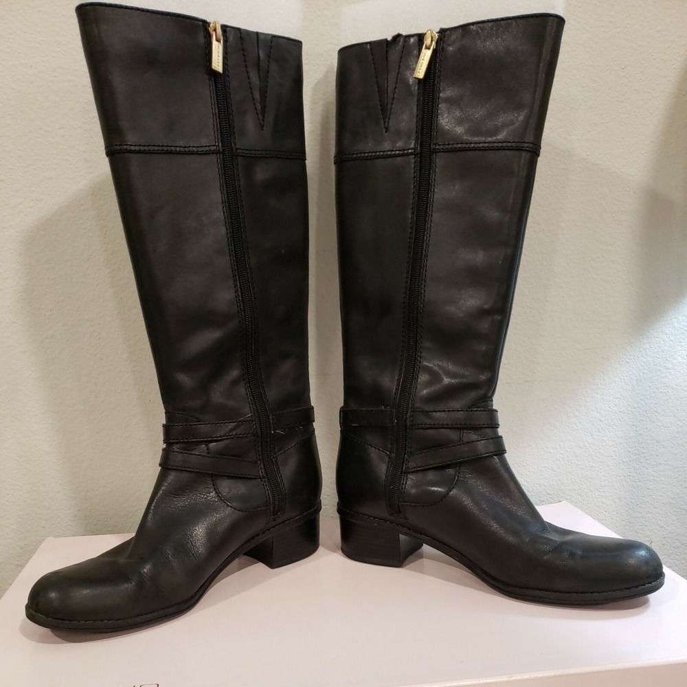 Bandolino Carlotta Black Leather Riding Boots Womens 8M Knee High Block Heel